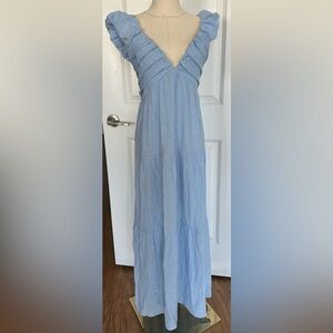 Light Blue Puff Sleeve Plunge V Neck Maxi Dress | New With Tags S